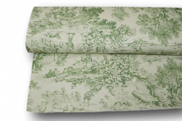 Vendita on line tessuto cotone panama toile de jouy verde - tessuti arredo casa per tovaglie per fantasia